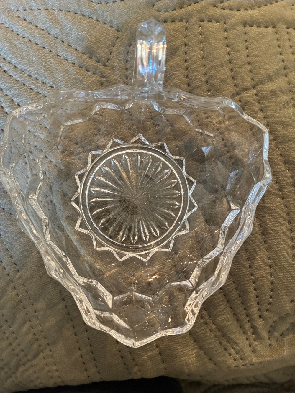 Vintage Clear Cut Glass Heart Dish with Handle
